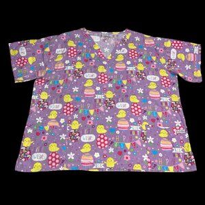 UA Purple Easter Egg Bunny Rabbit Chick Floral Spring Scrub Top Plus Sz 2X